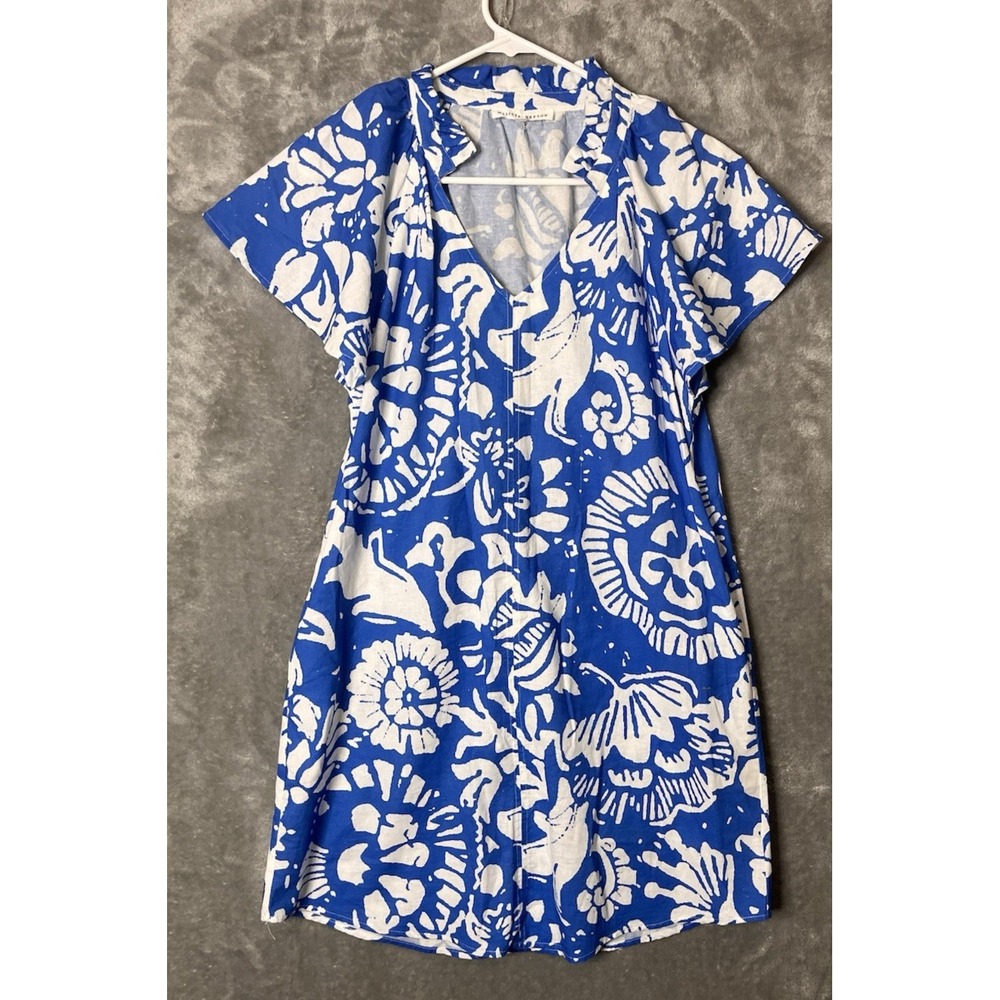 Melissa Nepton Blue White Abstract Floral Cotton Linen Shift Dress Pockets XS